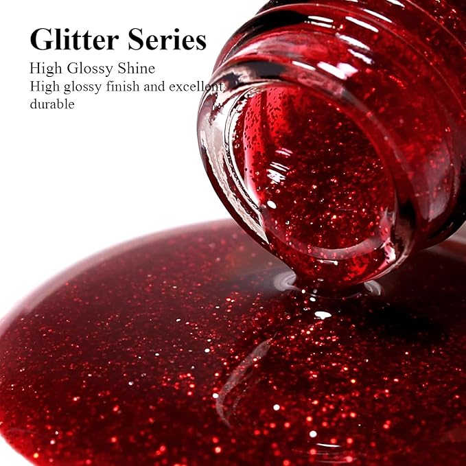 Imtiti Glitter Gel Nail Polish, Red Glitter Gel Polish Soak Off LED U V Shimmer Sparkle Christmas Red Nail Gel Polish Fall Winter DIY Nail Art Starter Manicure Salon 10ML