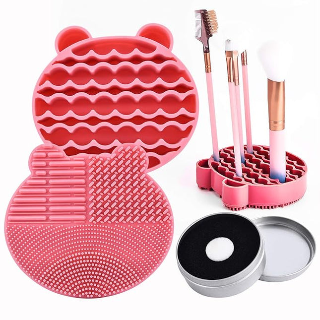 Silicon Makeup Brush Cleaner Mat with Brush Drying manual Make up brush cleaner cleanser machine Cosmetic Brush Cleaning Pad+Makeup Brush Dry Cleaned Quick Color Removal Sponge Scrubber Tool(Pink)