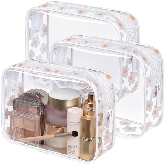 PACKISM TSA Approved Toiletry Bag - White Flower Print Clear Makeup Bag, Suitable for Gifts, with Supporting Frame, Perfect Valentines Day Gifts for Her, Thick No Smell