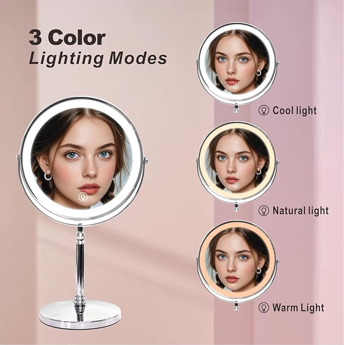 Makeup Mirror with Lights ，8 Inch 1X/10X Rechargeable Double Sided Magnifying , 360° Rotation LED HD Mirror with 3 Colors，Brightness Adjustable, Ideal for Daily Skincare and Professional Makeup