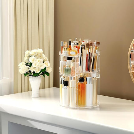 Makeup Organizer 360 rotating, Adjustable Skincare Organizer with Brush Holder, Cosmetics Display Cases for Vanity Bathroom Countertop Large Capacity Carousel Make up Caddy Shelf (Transparent)