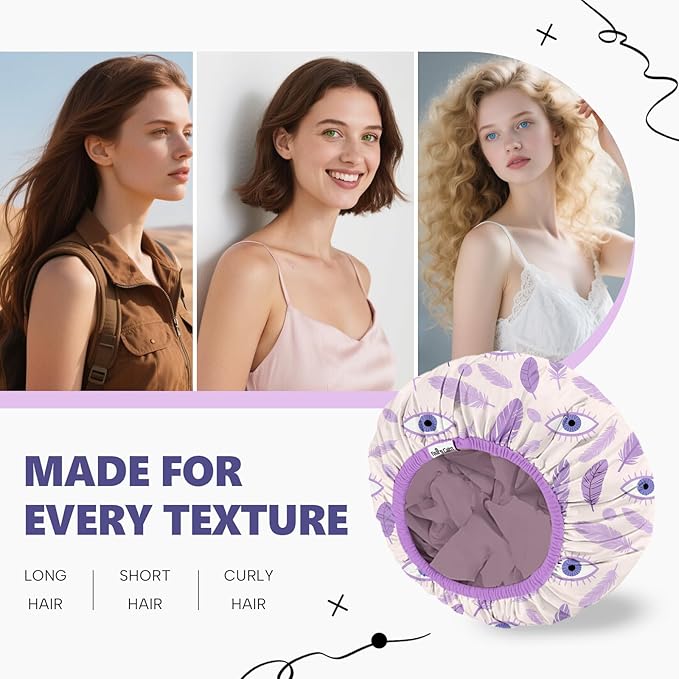 Years Calm Evil Eye Shower Caps for Women Reusable Waterproof, Pattern and Solid Color Dual-Layer Design, Hair Cap for Shower with Elastic Band, Fits Braids, Dreadlocks & Long Hair (Purple)