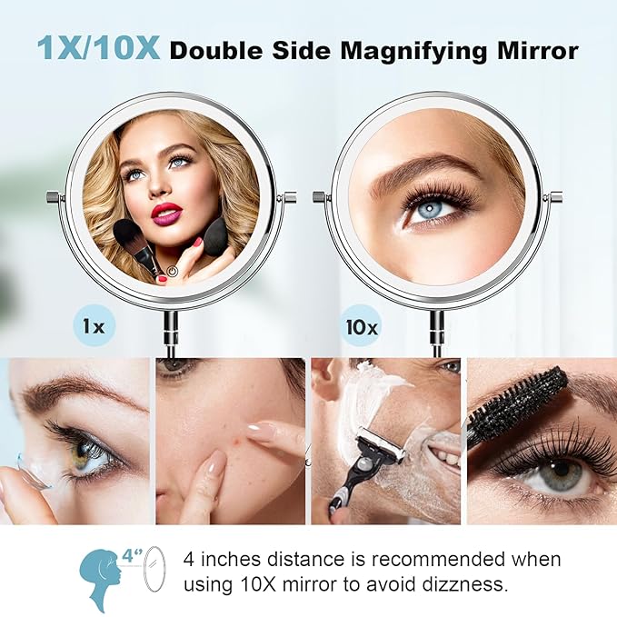 Rechargeable Wall Mounted Makeup Mirror - 8 Inch Double Sided 1X/10X Magnifying Mirror with 3 Color Lights Dimmable Touch Screen, 360°Swivel 19.6 Inch Extendable Accordion Bathroom Mirror - Chrome