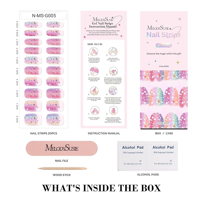 MelodySusie Semi Cured Gel Nail Strips, 20 PCS Gel Nail Stickers, UV Light Required, Durable & Salon Quality (Mermaid, Pink, Glitter, Letter Print)