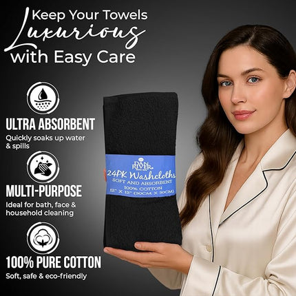 DAN RIVER 24 Pack Wash Cloths for Showering [12x12] - 100% Cotton Washcloths Premium Quality Flannel Face Cloths for Bathroom, Highly Absorbent and Soft Feel Wash Clothes, Black