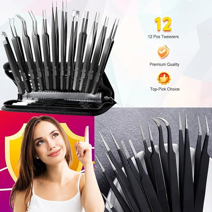 Antonki 12 Pack Precision Tweezers Set for Craft, Soldering, Jewelry, Facial Hair, Eyebrow, Ingrown Hair Removal, Eyelash Extension- with Case