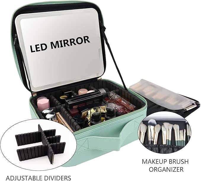 Travel Makeup Bag with LED Mirror Travel Makeup Organizer with 3 Lighted Settings, Adjustable Dividers and Makeup Brush Storage Bag Light Green