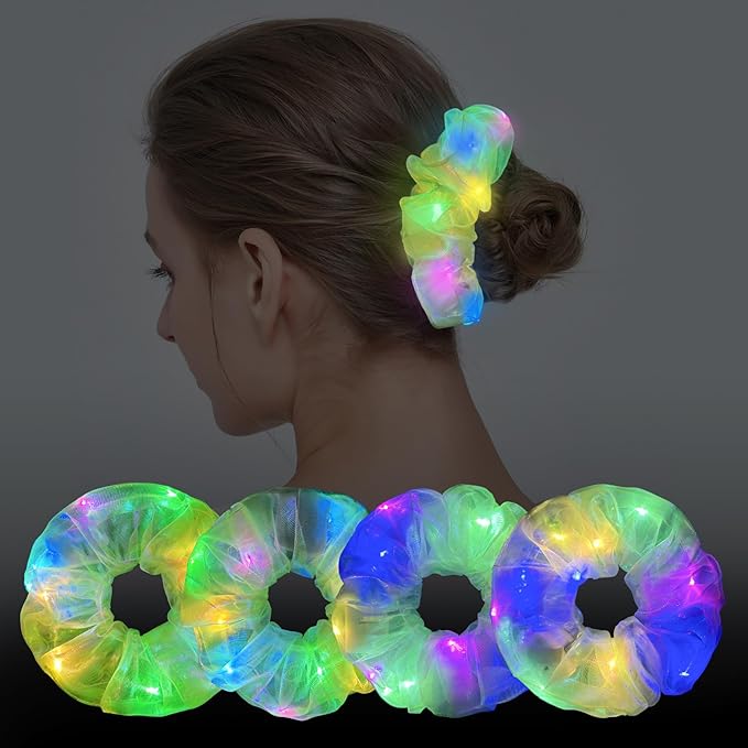 4Pcs Light Up Scrunchies Halloween Hair Tie, St Patricks Day Green LED Scrunchy Hair Elastic for Women & Girls, Glow in the Dark Party Supplies Party Favor Festival Rave Accessories