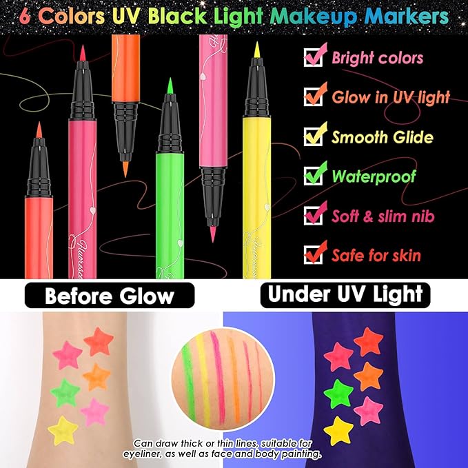 Glow in The Dark Glitter Gel with UV Neon Liquid Eyeliner Pen Set for Body Face Hair Eye, Makeup Kit for Rave Accessories Party Halloween Anime Cosplay Concerts Festival Carnival Face Paint