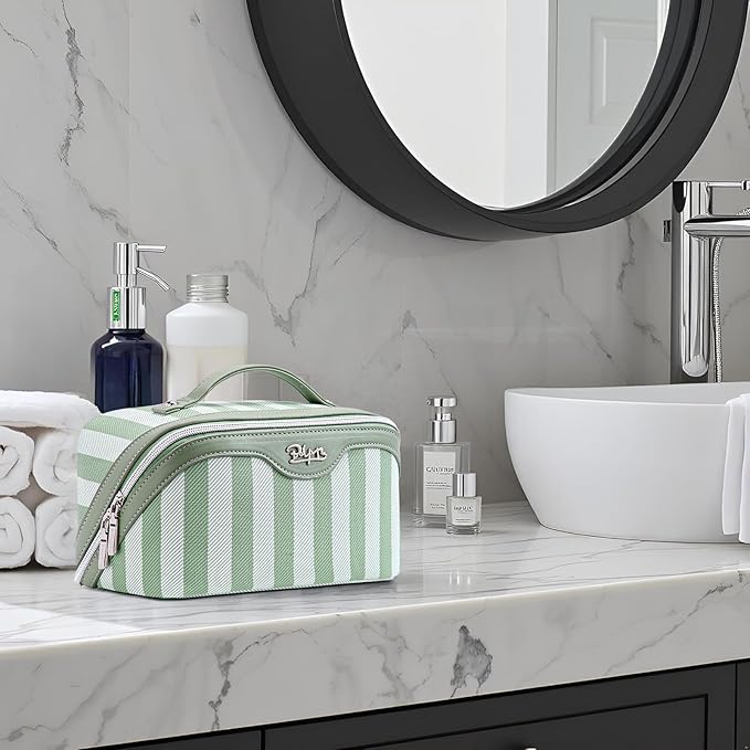 BOYATU Travel Makeup Bag for Women: Large Cosmetic Bag Set of 3 - PU Leather Make up Bag with Compartments - Compact Waterproof Toiletry Bag with Divider & Handle (A-05Green)