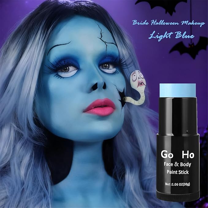 Go Ho Cream-Blendable Light Blue Face Paint Stick (1.06 Oz),Full-coverage Pale Blue Face Body Paint for Halloween Cosplay SFX Ghost Bride Sally Makeup,Waterproof Makeup Stick