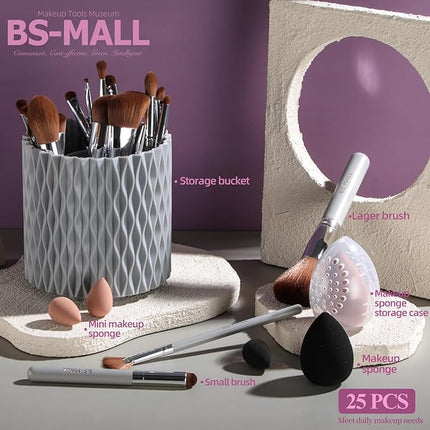 BS-MALL Makeup Brushes Premium Synthetic Foundation Powder Concealers Eye Shadows 18 Pcs Brush Set with 5 sponge & Holder Sponge Case (Grey)