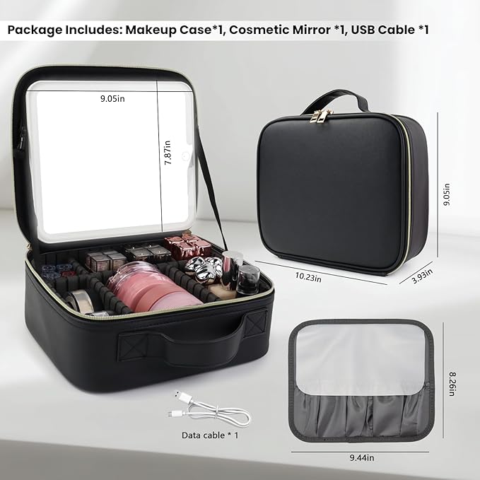 Travel Makeup Bag with LED Mirror and Light Travel Makeup Case Cosmetic Organizer Portable Cosmetic Brush Organizer Bag with Adjustable Dividers for Cosmetics Makeup Brushes Toiletry (Black)