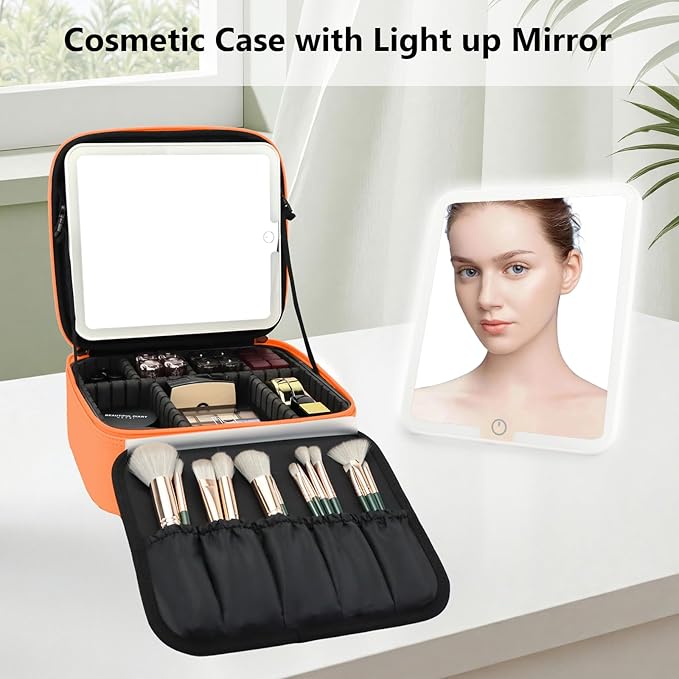 Travel Makeup Bag with LED Mirror Travel Makeup Organizer with 3 Lighted Settings, Adjustable Dividers and Makeup Brush Storage Bag Orange