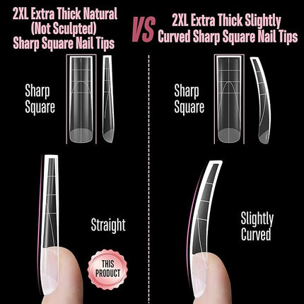 NOVO OVO XXL Sharp Square Natural (not Sculpted) Nail Tip, Extra Thick False Nails Press on, Full Cover Soft Gel Extension Fake Nail Acrylic kit with XL L M French Tip Auxiliary Line x 15 Size 180pcs