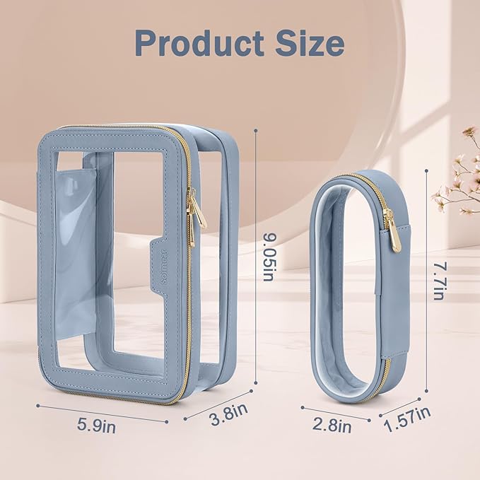 Travel Clear Makeup Bag with Makeup Brush Bag, Leather Makeup Case Toiletry Bag, Portable Cosmetic Bag Case, Transparent Waterproof Cosmetic Organizer Storage Bag for Women, Blue