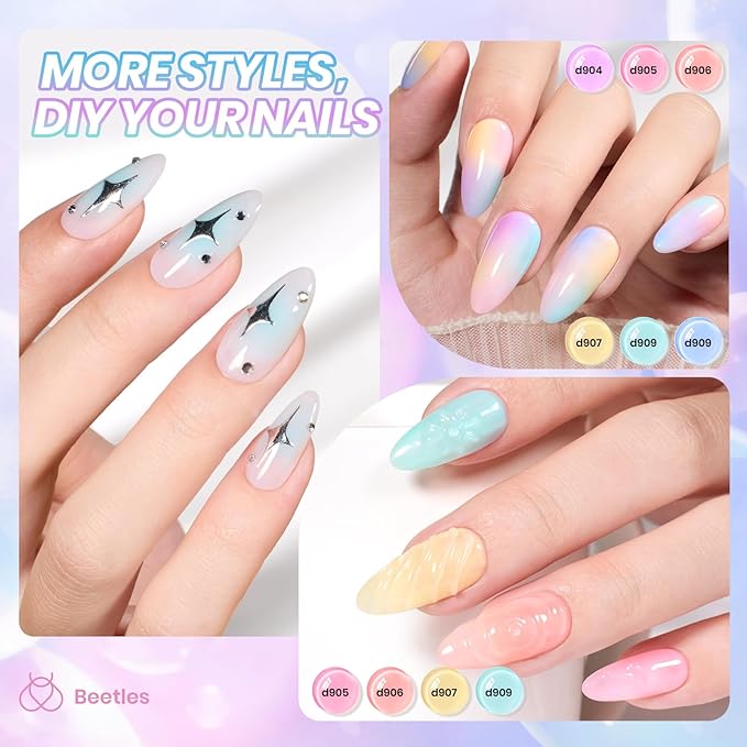 Beetles Pastel Gel Nail Polish Set, 6 Colors Jelly Gel Polish Kit Pink Blue Purple Orange Yellow Green Translucent Effect Soak Off UV Candy Sweet Collection French Nail Gift for Women