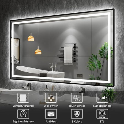 Amorho LED Mirror for Bathroom, 40" X38" Front Light and Backlit Black Framed, Stepless Dimmable, Anti-Fog, Shatter-Proof, Memory, 3 Colors, Double LED Vanity Mirror