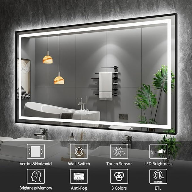 Amorho LED Mirror for Bathroom, 40" X38" Front Light and Backlit Black Framed, Stepless Dimmable, Anti-Fog, Shatter-Proof, Memory, 3 Colors, Double LED Vanity Mirror