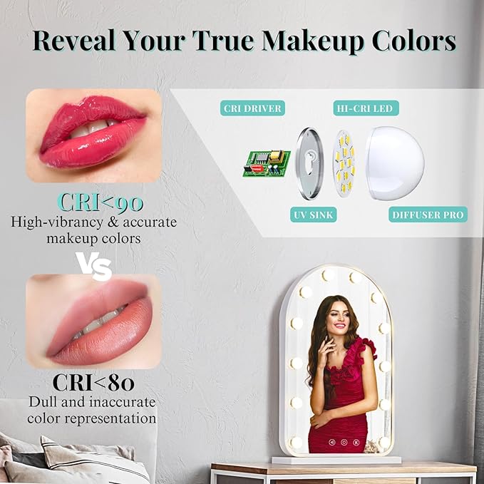 LUXFURNI Vanity Mirror with Lights, 24.5" x 15.8" Arched LED Makeup Mirror, Lighted Hollywood Mirror with Lights, Smart Touch Control Dimmable 3 Modes Light, White