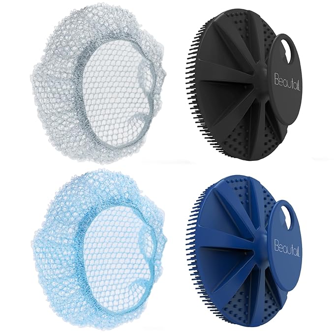 Silicone Body Scrubber & Scrub Nets, BEAUTAIL 4 Pack – Rich Foam and Exfoliation with Gentle Brush or Firmer Net Options – Hygienic, Durable, Easy to Clean – 2 Brushes (Black+Blue), 2 Nets (Gray+Blue)
