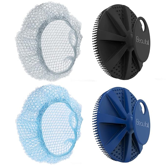 Silicone Body Scrubber & Scrub Nets, BEAUTAIL 4 Pack – Rich Foam and Exfoliation with Gentle Brush or Firmer Net Options – Hygienic, Durable, Easy to Clean – 2 Brushes (Black+Blue), 2 Nets (Gray+Blue)