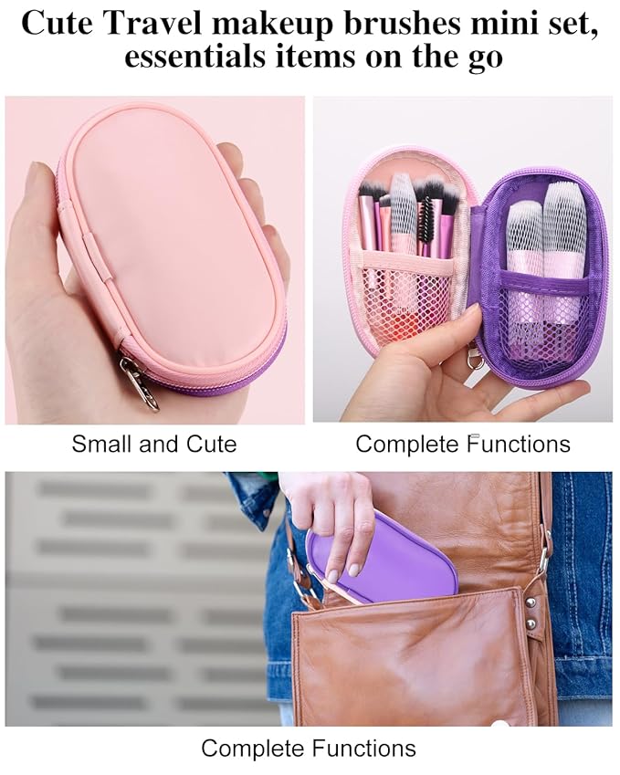 Mini Travel Makeup Brushes Set, 14 Pieces, Portable Full Complete Function Cosmetic Kit with Brush Pouch, On the Go Short Makeup Brush Small Travel Essentials for Women, Girls (Colorful)