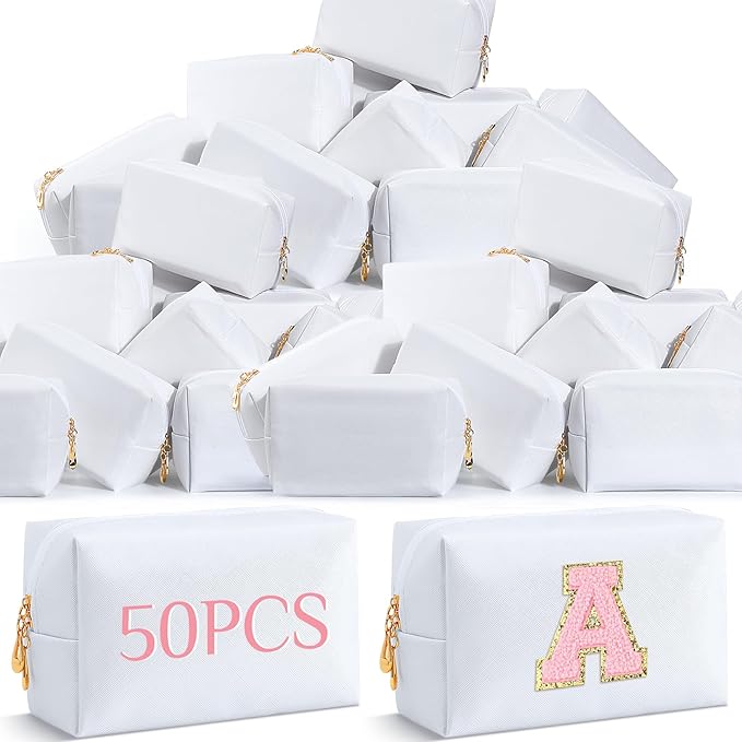 Cunno 50 Pcs Makeup Bag Bulk PU Leather DIY Cosmetic Plain Preppy Makeup Pouch Portable Waterproof Toiletry Bags for Women Travel Pencil Case Cosmetic Organizer (White)