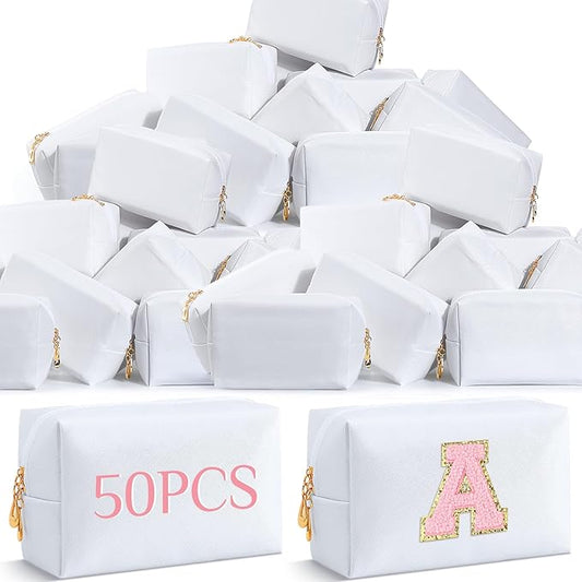 Cunno 50 Pcs Makeup Bag Bulk PU Leather DIY Cosmetic Plain Preppy Makeup Pouch Portable Waterproof Toiletry Bags for Women Travel Pencil Case Cosmetic Organizer (White)