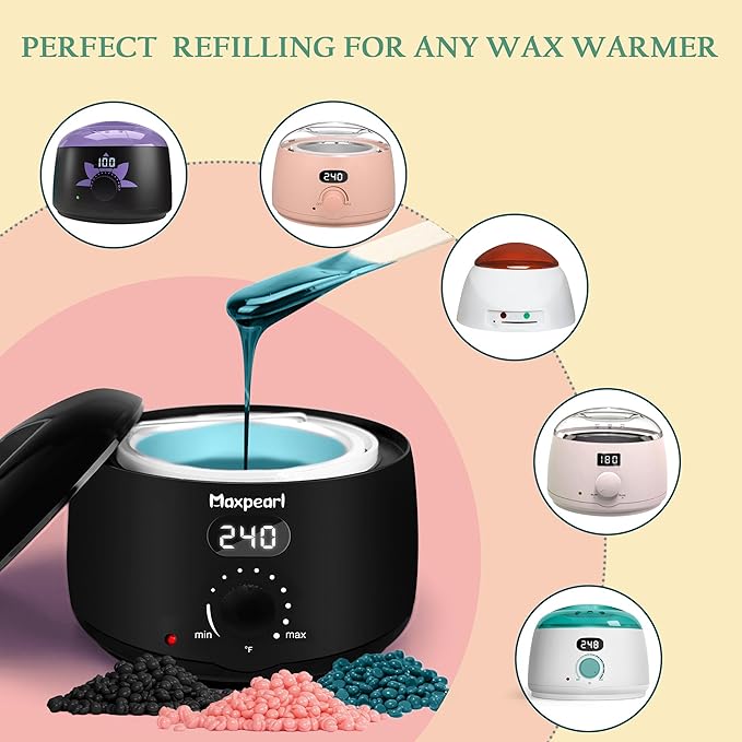 Maxpearl Hard Wax Beads, Pack of 3 Hair Removal Wax Beans Refill - Brazilian Waxing, Face, Eyebrows, Underarms, Bikini, Arms, Chest, Back, Legs, 10.5oz (Green/Pink/Black)