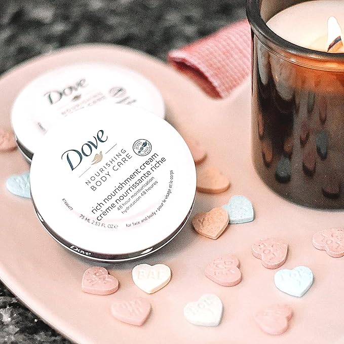 Dove Nourishing Body Care, Face, Hand, and Body Rich Nourishment Cream for Extra Dry Skin with 48-Hour Moisturization, 4-Pack, 2.53 Oz Each Jar