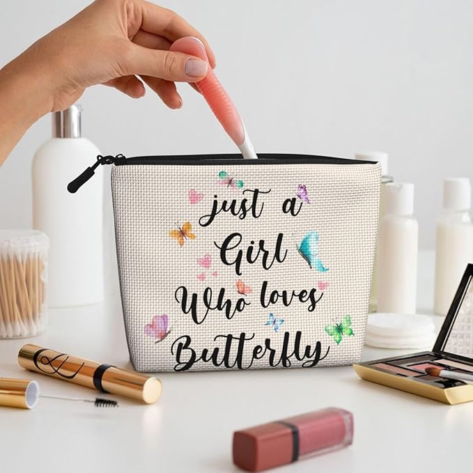 MOLAIGIN Just A Girl Who Love Butterfly Cosmetic Bag For Women, Travel Makeup Bag, Toiletry Zipper Bag, Large Capacity Aesthetic Cases