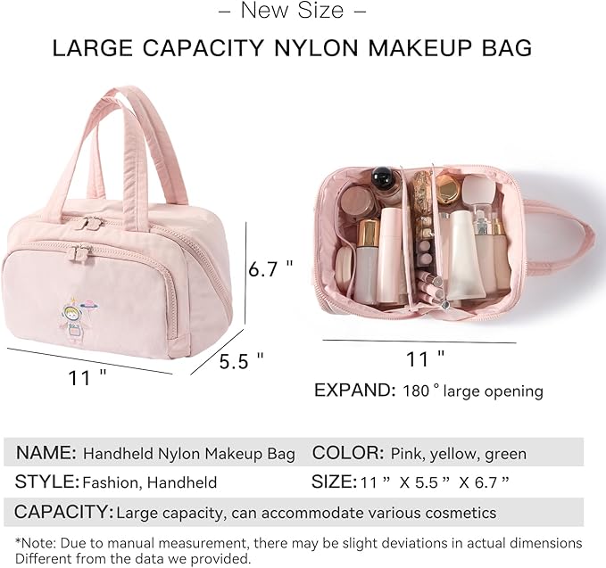 Makeup bag, Large Capacity Cosmetic Bag for Women, Portable Wide-open Toiletry Bag, Travel Makeup Bag with TPU Compartments for Accessories, Essentials, Toiletries, Makeup Brush Bag, Pink