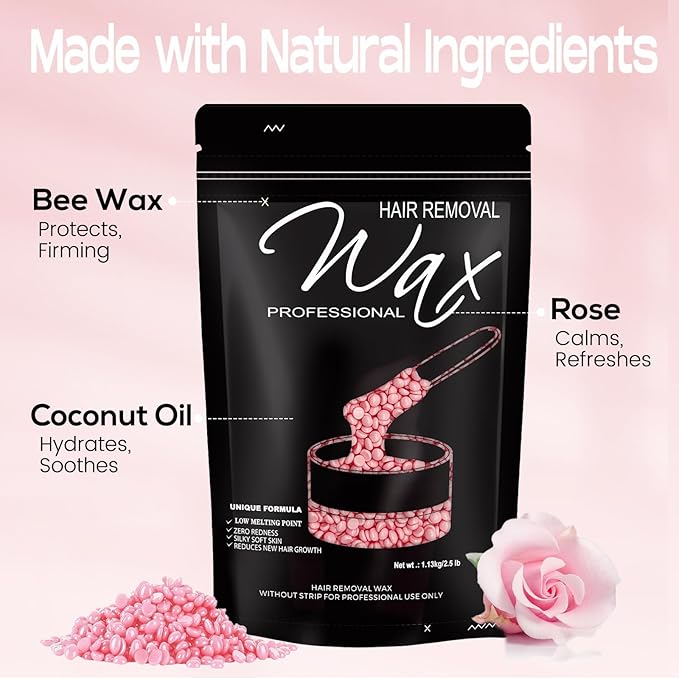 2.5lb Wax Beads, Hard Wax Beads with Upgraded Rose Formula -Wax Beads for Hair Removal Sensitive Skin Women, Includes Sticks & Gloves,Ideal for Bikini/Brazilian/Body/Face Waxing
