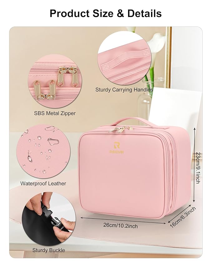 Relavel Makeup Bag with LED Mirror, Small Travel Makeup Case with Rechargeable Lighted Mirror 3 Color Lights, Double Layer Cosmetic Box Makeup Brush Lipstick Holder Organizer for Women, Pink