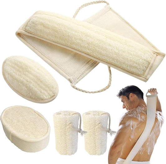 Natural Loofah Sponge, Exfoliating Body Scrubber for Men Women, Loofah with Handle, Exfoliating Back Scrubber for Shower Set, Deeply Clean & Invigorate Your Skin (5 pcs in Box)