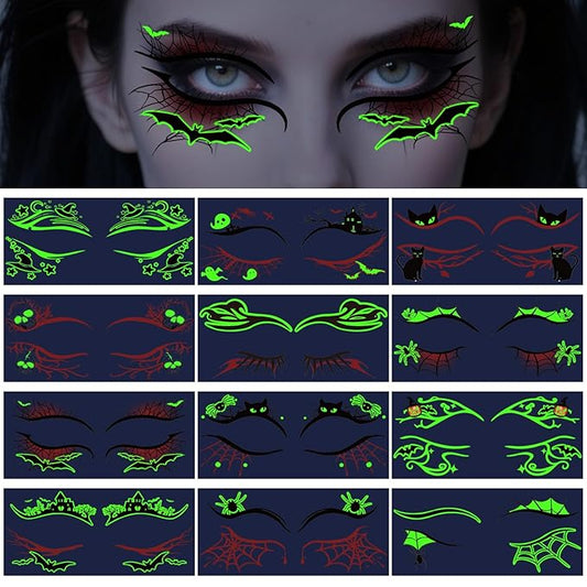 12 Sheets Halloween Luminous Temporary Tattoo, Upper & Lower Lash Designs Waterproof with Scary Motifs for Men & Women Cosplay Party & Festive Looks & Stage Face Makeup Decoration