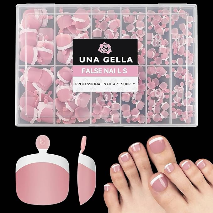 UNA GELLA French Toe Nail Press Ons 312pcs Peach Pink Full Cover Toe Nail Tips Press On Nails Soft Gel Fake Toe Nails Tips Gel Toe Nail Tips Fake Acrylic Toenails for Nail Extensions 12 Sizes