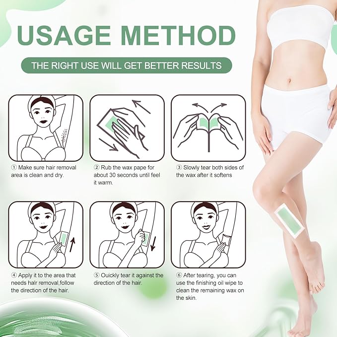 72pcs Wax Strips - Body Waxing Strips, Wax Kit for Women & Men - Brazilian Wax Kit, Back Waxing Kit, All Skin Types, Face, Arms, Legs, Armpits, Bikini, Hypoallergenic Odourless, Green