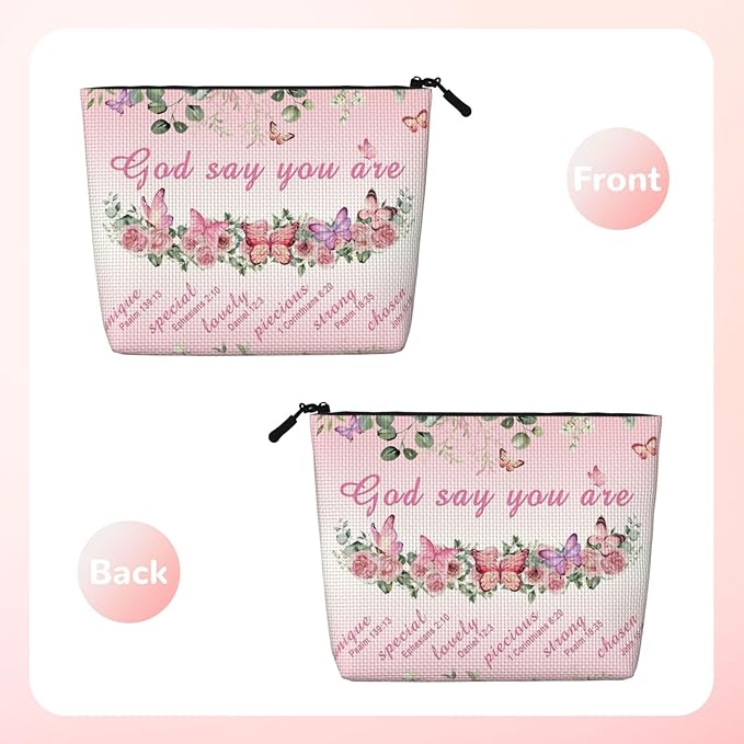 MOLAIGIN Prayers Religious Inspirational Positive Thoughts And Quotes Pink Rose Butterfly Cosmetic Bag For Women, Travel Makeup Bag, Toiletry Zipper Bag, Large Capacity Aesthetic Cases