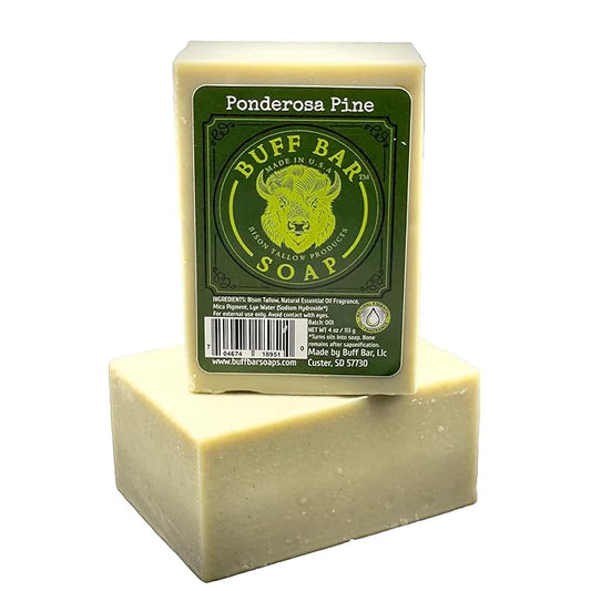 Bison Tallow Buff Soap Bar, Ponderosa Pine, (2 pack) - Scents of Pine, Cypress & Cedar - Cleans, Moisturizes, Soothes, Hydrates - No Dyes, Chemicals, or Preservatives