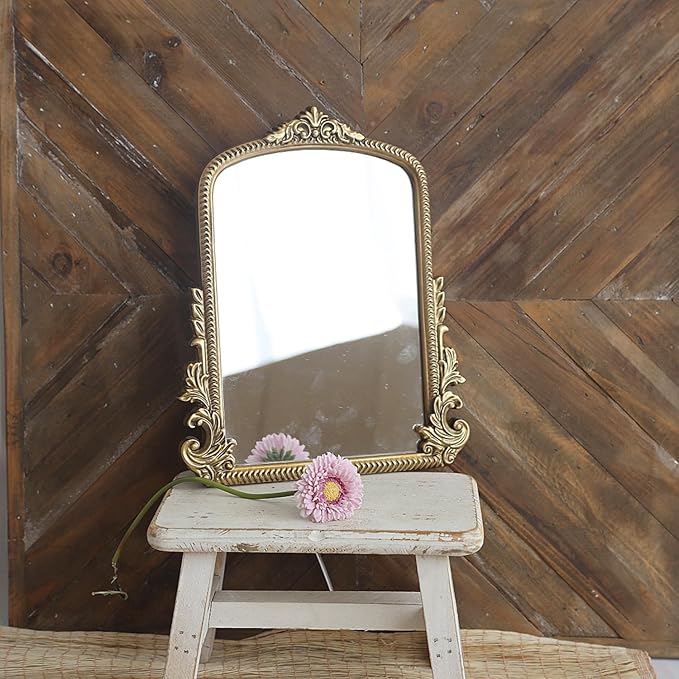 Vintage Bronze Vanity Makeup Bronze Desk Mirror - Antique Gold Finish - Elegant Wood Framed Standing Carved Mirror for Living Room, Bedroom, and Tabletop - 11.8" x 9.6" - Classic Chic Arch Design