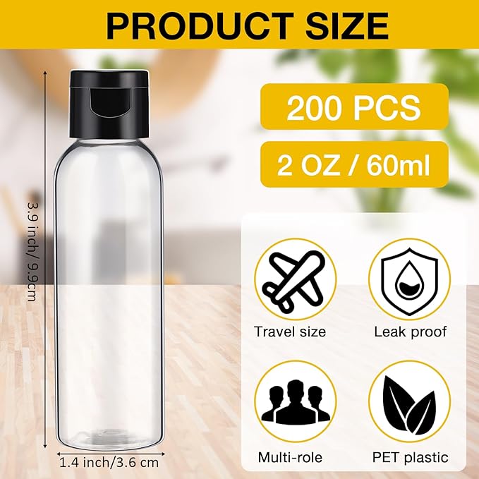 Zhehao 200 Pcs 2 oz Clear Plastic Empty Bottles Small Travel Size Bottles with Flip Cap Empty Transparent Dispenser Container for Liquids Toiletries Shampoo Lotion(Black Cap)