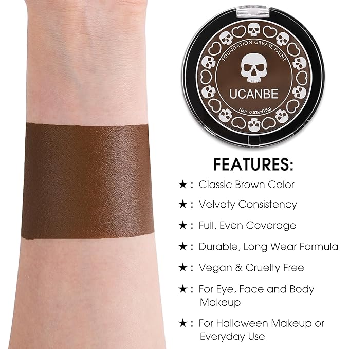 UCANBE Brown Face Body Paint Makeup Foundation, Non-Toxic Greasepaint for Kids & Adult, Waterproof Cream Face Painting Kit for Halloween Werewolf Leopard Camo Hunting SFX Make Up, Cosplay & Costumes