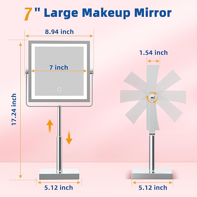 Ruacq Rechargeable Makeup Mirror, 4000mAh Lighted Makeup Mirror with Magnification 1X/10X, Height Adjustable Vanity Mirror with Lights, 3 Color Lights, Adjustable Brightness, 360°Rotation (Chrome)