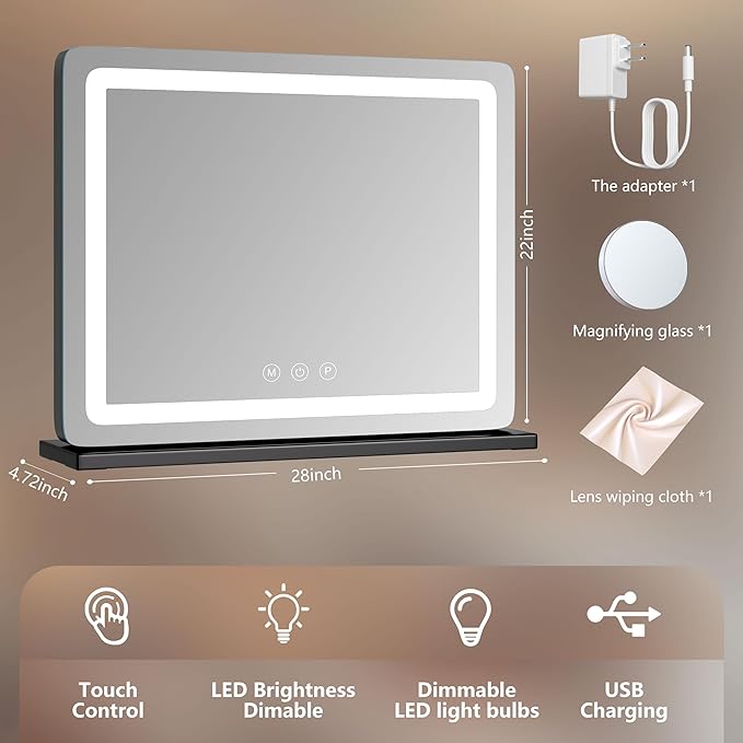 Makeup Vanity Mirror with USB Charging Port 28" x 22" Large LED Makeup Mirror, Desk Mirorr with Lights, Light up Mirror with 10X Magnification, Dimmable 3 Modes, Touch Screen Control Black