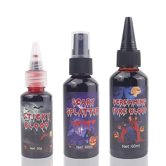 Halloween Fake Blood Sfx Makeup Kit, Special Effects Makeup Kit - Fake Blood Spray 2.03oz ,Dripping Blood 2.03oz, and Coagulated Gel Blood 1.06oz, Safe for Vampire Zombie Monster Cosplay Party Clothes
