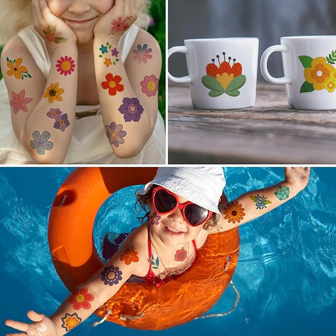 Glitter Flower Temporary Tattoos for Girls - 74 Individually Sheets | Waterproof & Easy Peel | Kids Birthday Party Favors, Flower Theme Decorations