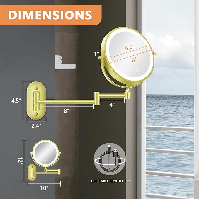 1X/20X Wall Mounted Makeup Mirror with Light, 8" Rechargeable Double-Sided Magnifying Mirror, Vanity Mirror Dimmable 3 Color Light, 360° Extension Rotation Foldable 14.5 Inch Arm for Bathroom