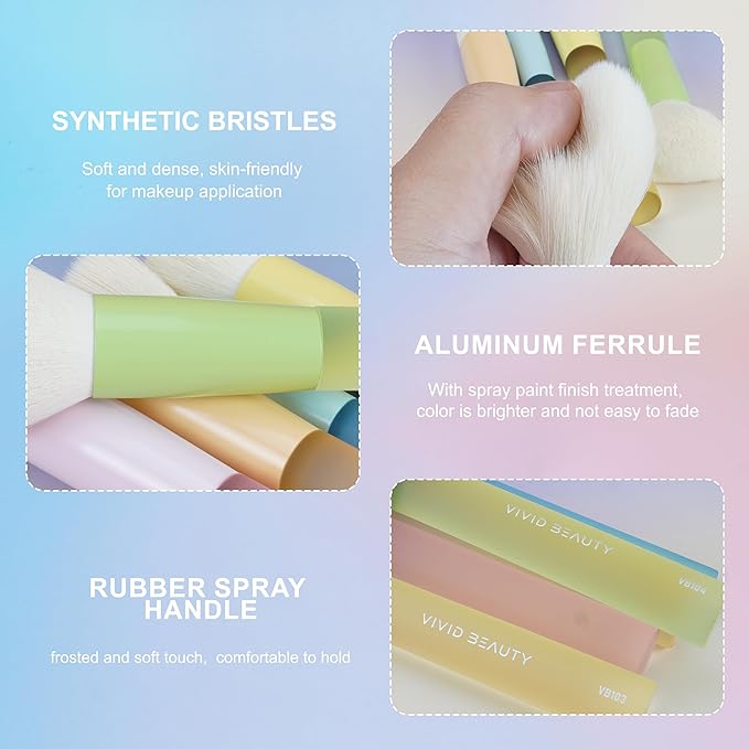 5pcs Multi Color Face Makeup Brush set – Powder, Kabuki, Angled Fluff, Blush Brushes with Vegan Bristles That Mimic Natural Wool – Non-Slip Rubber Handles – Perfect for Contouring, Setting, Blending